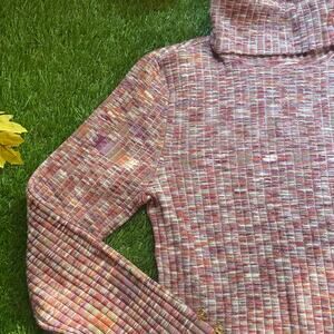 Space Dyed Ribbed Turtleneck with Gold Button Cuff Accents